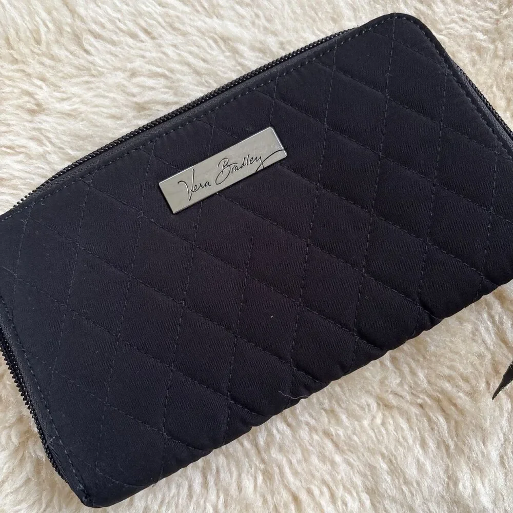 Vera Bradley Continental Style Wallet Black Quilted Zip Around, Leopard Print